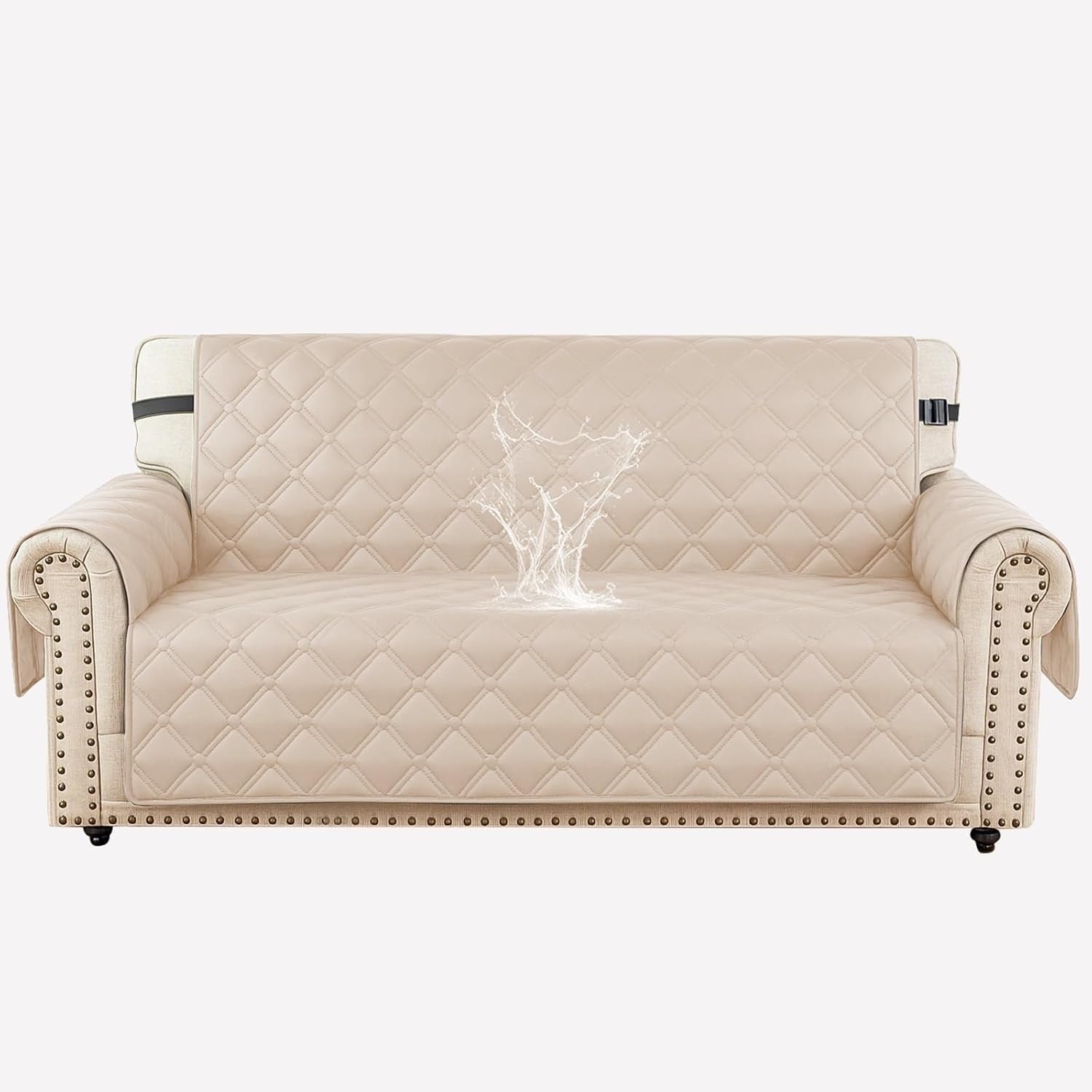 Waterproof Quilted Two-Seater Sofa Protector with Side Pockets, Non-Slip Base, Beige