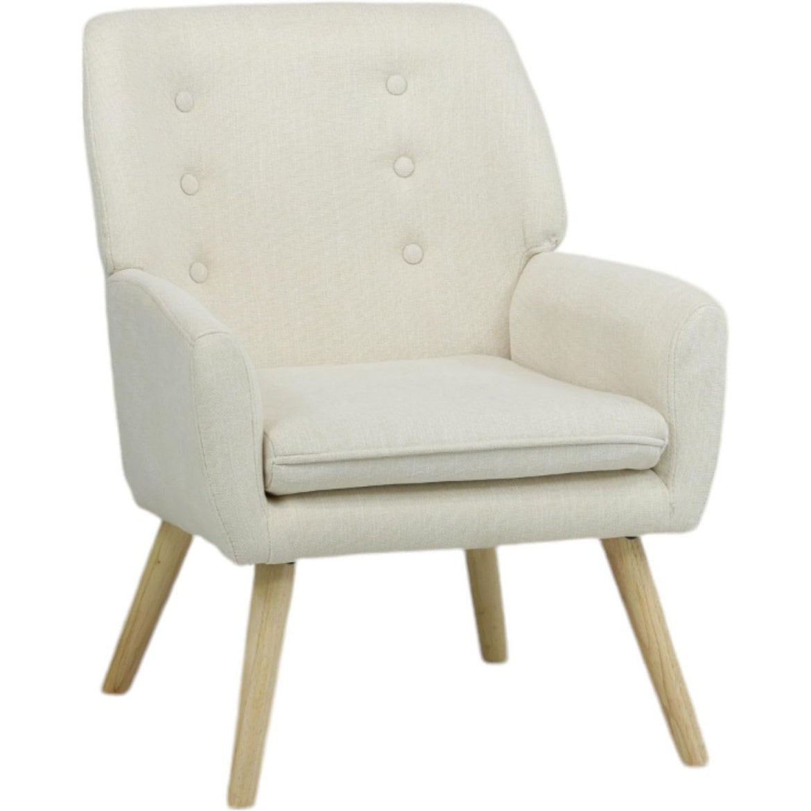 Beige Fabric Upholstered Armchair with Wooden Legs