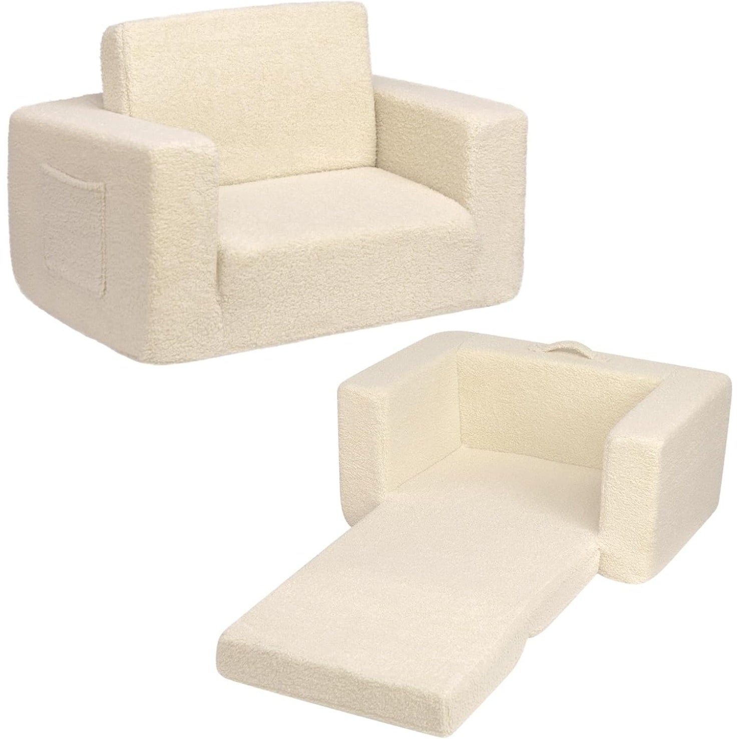 Mini Sofa Sleeper 2-in-1 for Kids in Light Beige Plush Fabric