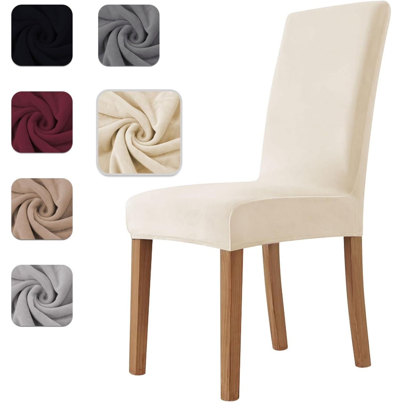 Set of Four Soft Stretch Velvet Dining Room Kitchen Chair Covers Beige