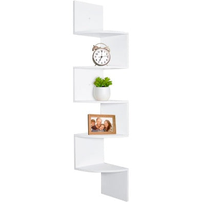 Wall-mounted 5-tier Corner Bookcase in White Wood