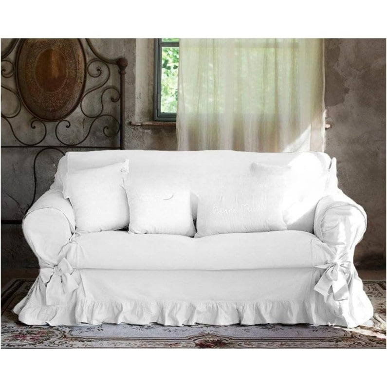 Elegant and Washable White Elasticated Fabric Shabby Chic Cover for Two-Seater Sofa